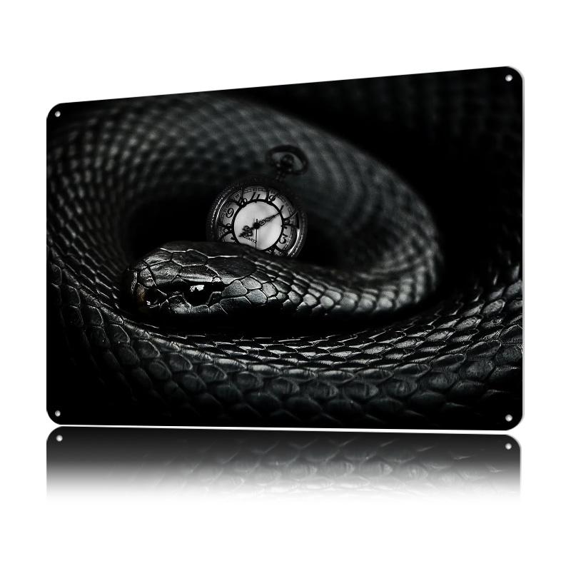 Black Snake With Clock Tinplate Poster Customized Wall Art Retro Vintage Metal Signs for Fans Gaming Room Decoration Aesthetic