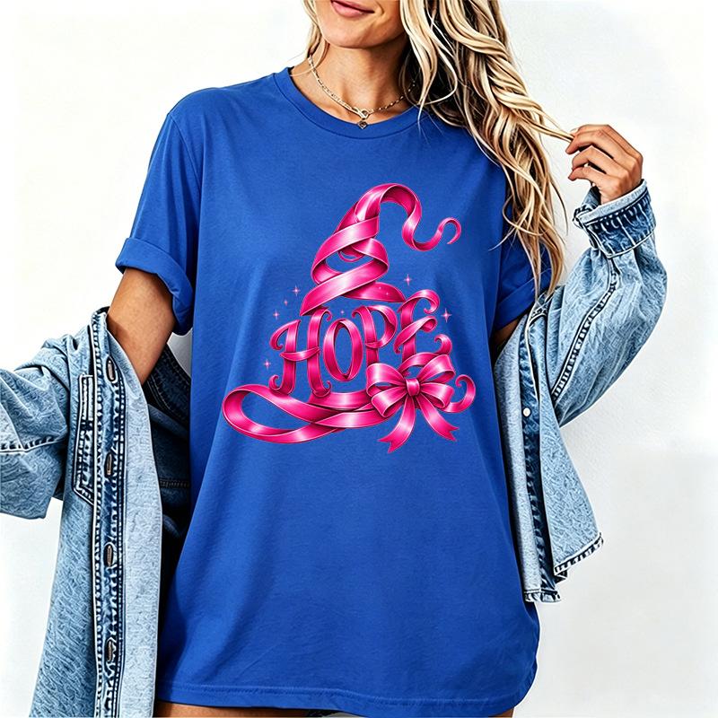 Halloween Hope Pink Ribbon Witch Hat Bow Vintage Art Print Graphic Womens T Shirt Short Sleeve Crew Neck Casual Ladies Tee Tops