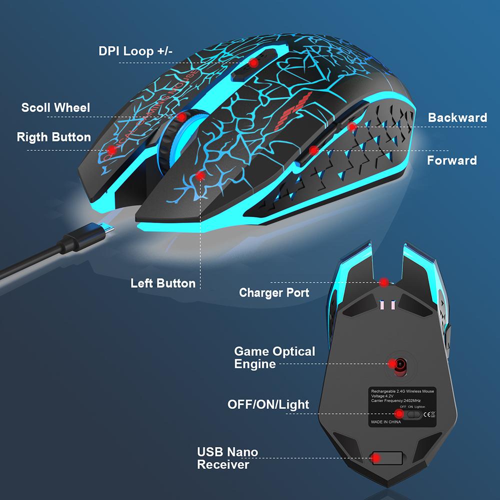 Перезаряжаемая беспроводная мышь RGB 2,4 ГГц, бесшумная игровая мышь с регулируемым разрешением и светодиодной подсветкой, компьютерная геймерская мышь