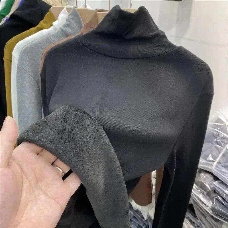 Теплый трикотаж, плюшевая утолщенная водолазка, базовая рубашка, женский пуловер, тонкий топ с длинными рукавами, простой повседневный новый модный осенне-зимний вариант