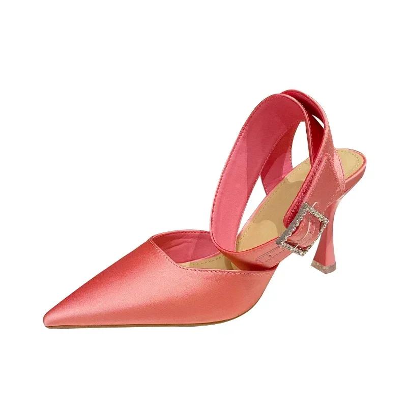 Модные Новые Роскошные Женские Сандалии Сексуальные Высокие Каблуки Темпераментные Заостренный Носок Атлас Баотоу Квадратная Пряжка Стразы Вечерние Туфли Лето