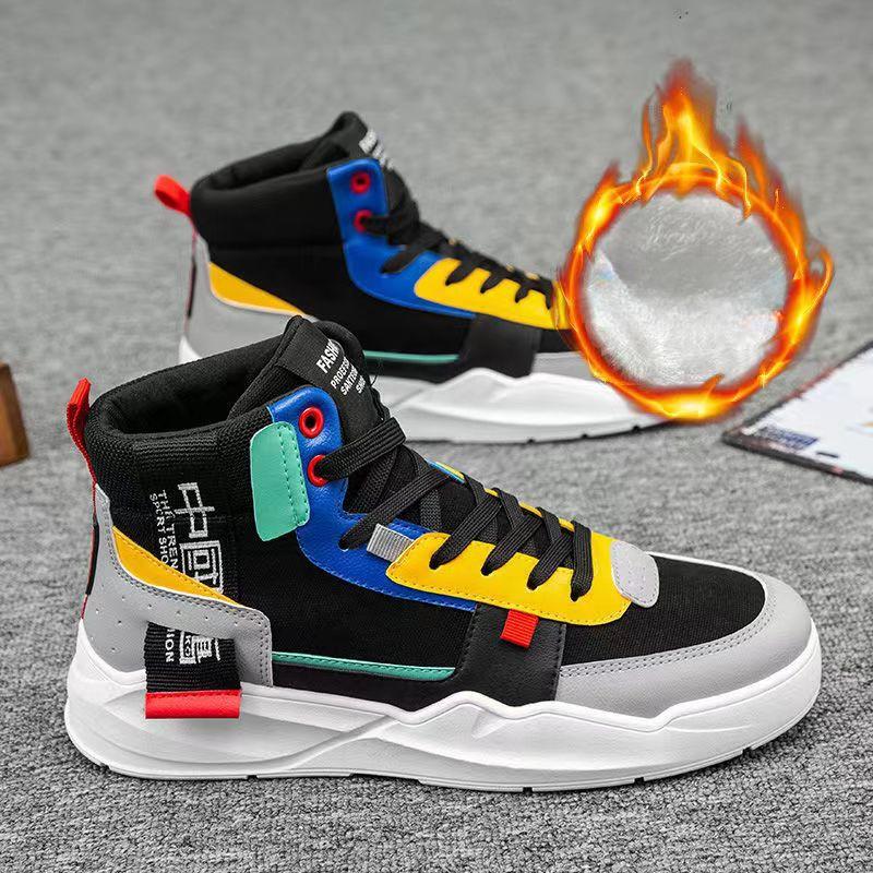 Мужская обувь с высоким берцем, зима 2023, новая мужская дышащая повседневная универсальная плюшевая хлопковая обувь, модная транспортная обувь