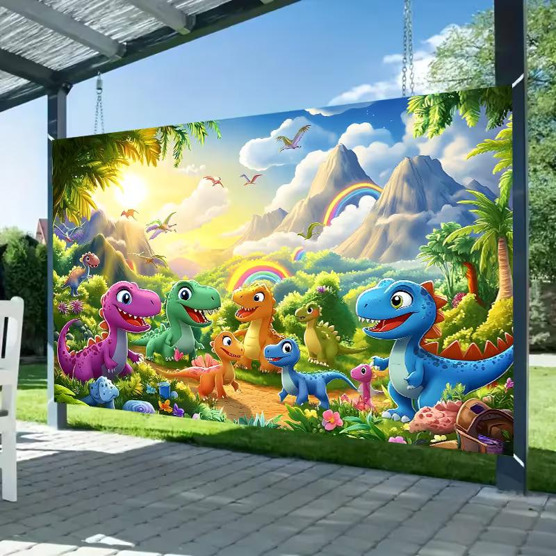 Vibrant Dinosaur World Backdrop Kids Jungle Landscape with Rainbow Photo Booth Background Banner for Party Decoration