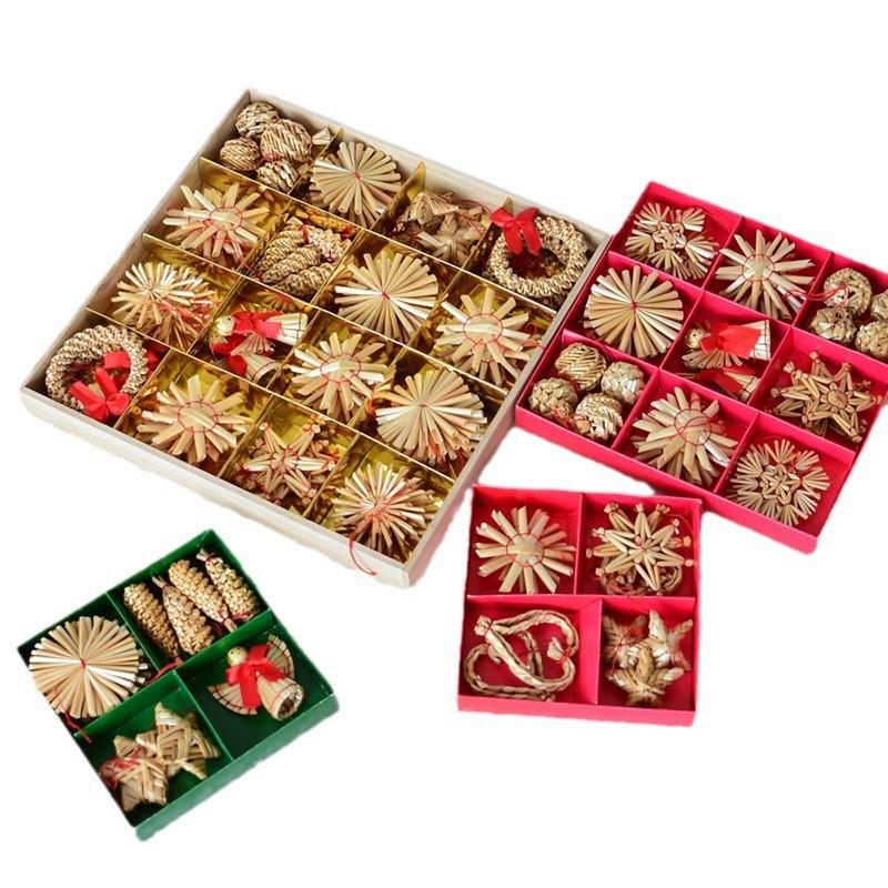 Natural Wheat Straw Star and Snowflake Christmas Tree Decorations - Small Pendant Set
