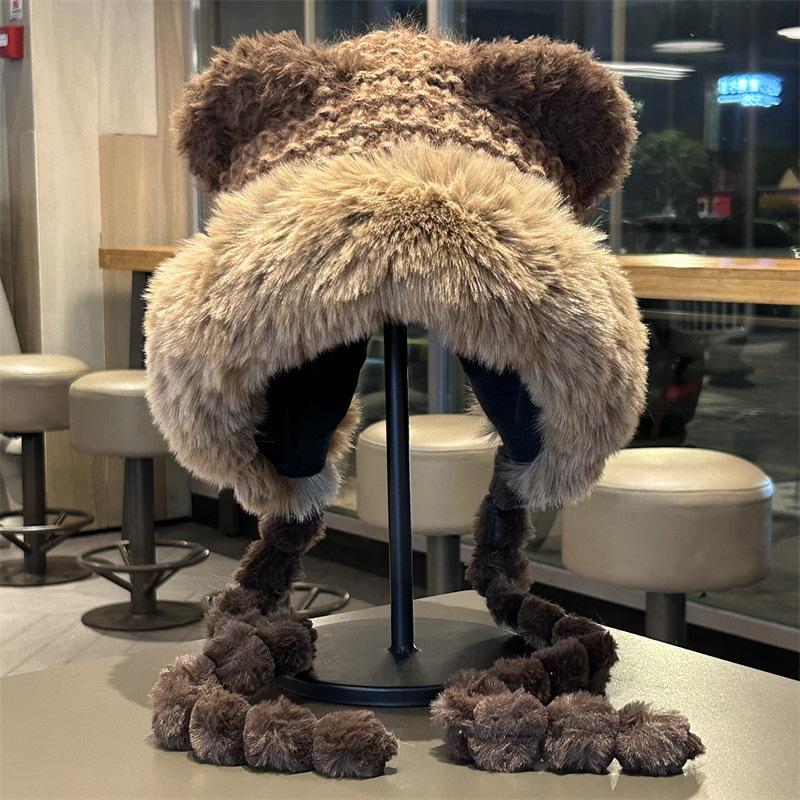 Winter warm ear protection cute plush hat women's plush thickened knitted wool hat imitation fur show face small Lei Feng hat