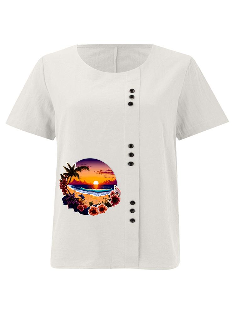 Women's Fashion Landscape Pattern Print Round Neck Short Sleeve T-shirt Summer Casual Cotton Linen Graphic Shirt Leisure Loose Blouse Tops