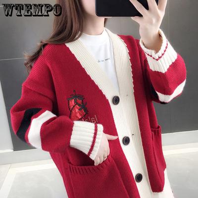Женский вязаный кардиган контрастного цвета, корейская версия свитера с вышивкой «Клубника», свободное полосатое вязаное пальто большого размера