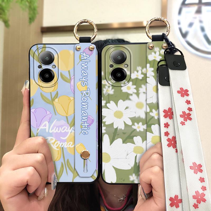 Fashion Design Ring Phone Case For Realme C67 4G Back Cover Kickstand Wrist Strap Anti-dust Anti-knock Soft Case Flower