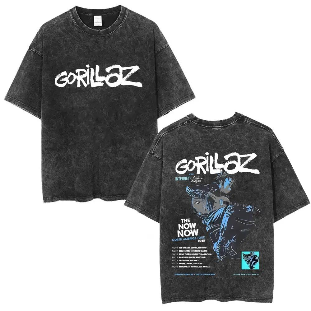 Gorillaz Виртуальная группа Двусторонняя графическая печать Винтажная стирка Оверсайз Уличная футболка