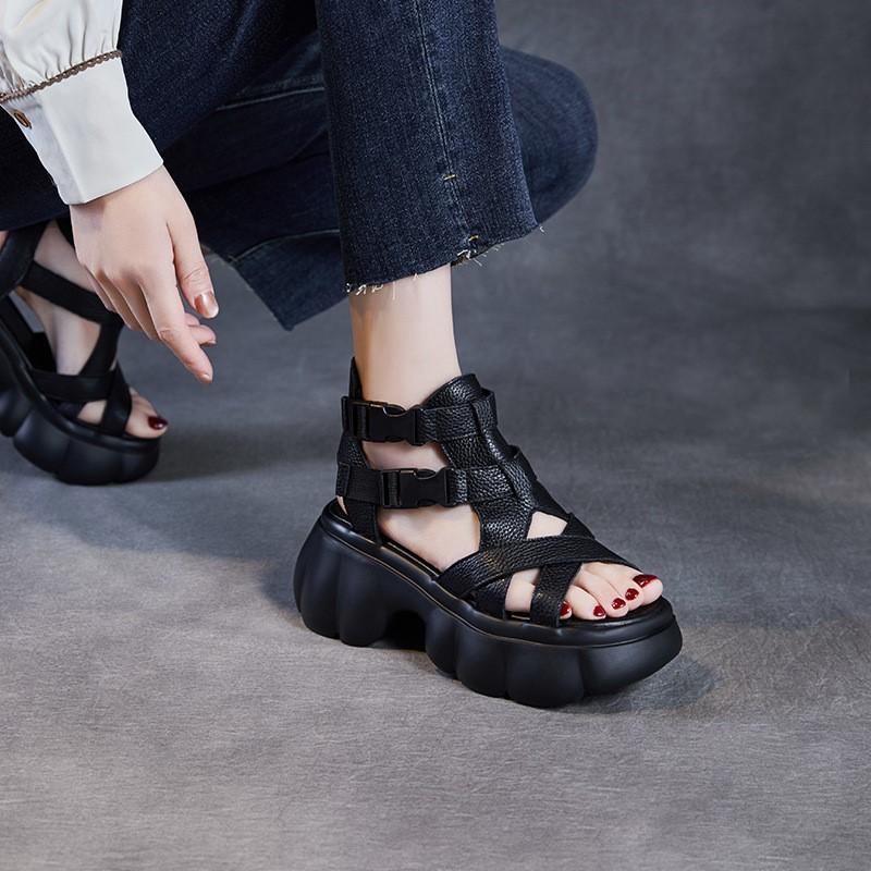 Johnature Сандалии из натуральной кожи на толстой подошве, увеличивающие рост, римские женские туфли на платформе