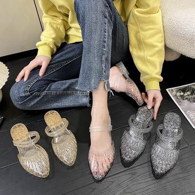 Модные хрустальные тапочки женские летние желе прозрачные на танкетке для улицы нескользящие полые офисные сандалии трудно остывающие тапочки с острым носком