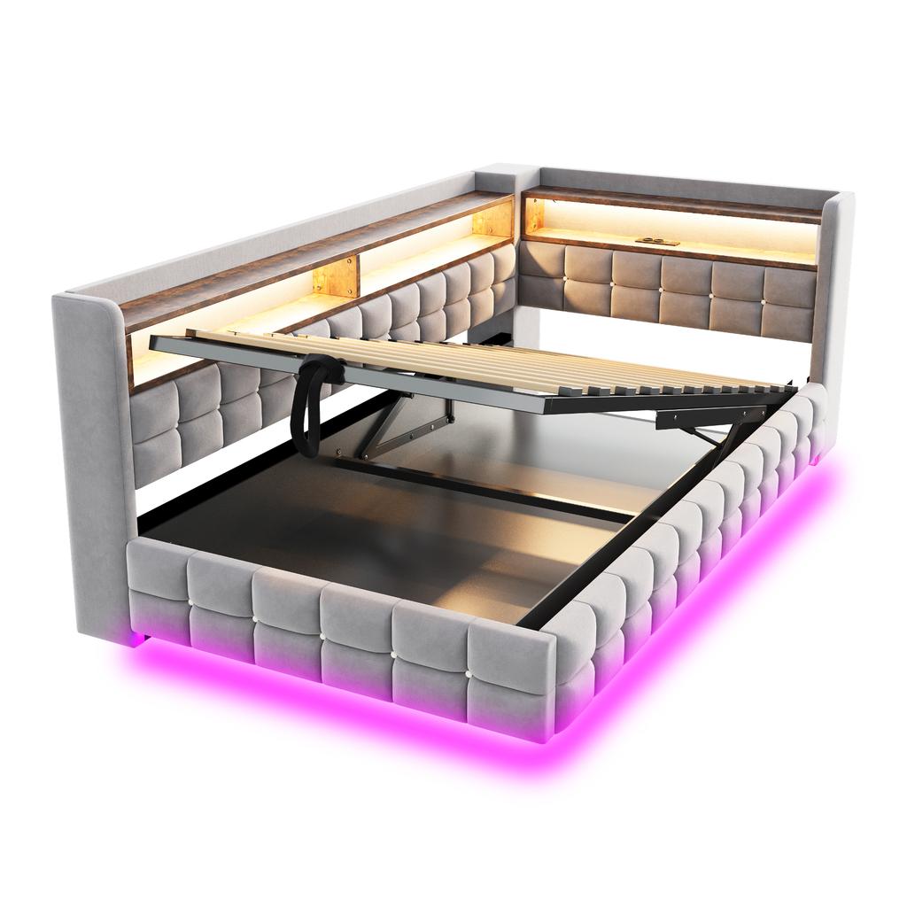 Multifunctional Upholstered Sofa Bed 90 × 200 cm, Hydraulic Storage, Wood Shelf, LED Strip, Socket, USB/Type-C Charging, Velvet Fabric Light Grey