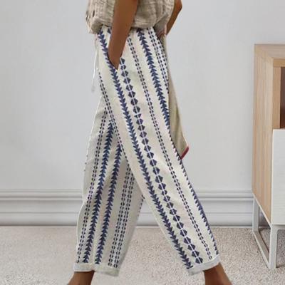 Женские брюки-шаровары с эластичной резинкой на талии и завязками с геометрическим узором, пляжные брюки с карманами, свободные тонкие повседневные брюки