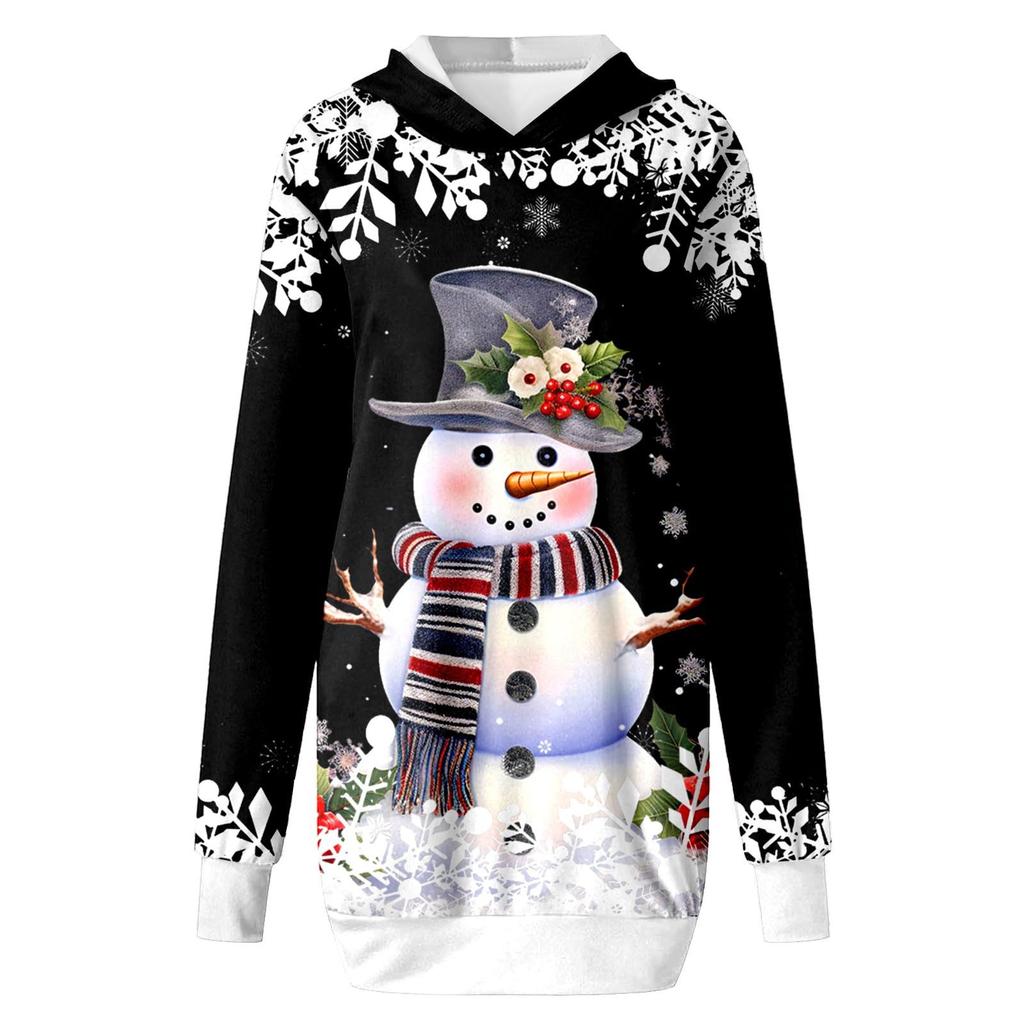 Women's Fashion Loose Casual Pocket Long Sleeve Hoodie Christmas Printed Sweatshirt Top