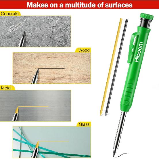 Hiboom Solid Carpenter Pencil Set for Construction with 7 Refills Built-in Sharpener, Long Nosed Deep Hole Mechanical Pencil Marker for Carpenter