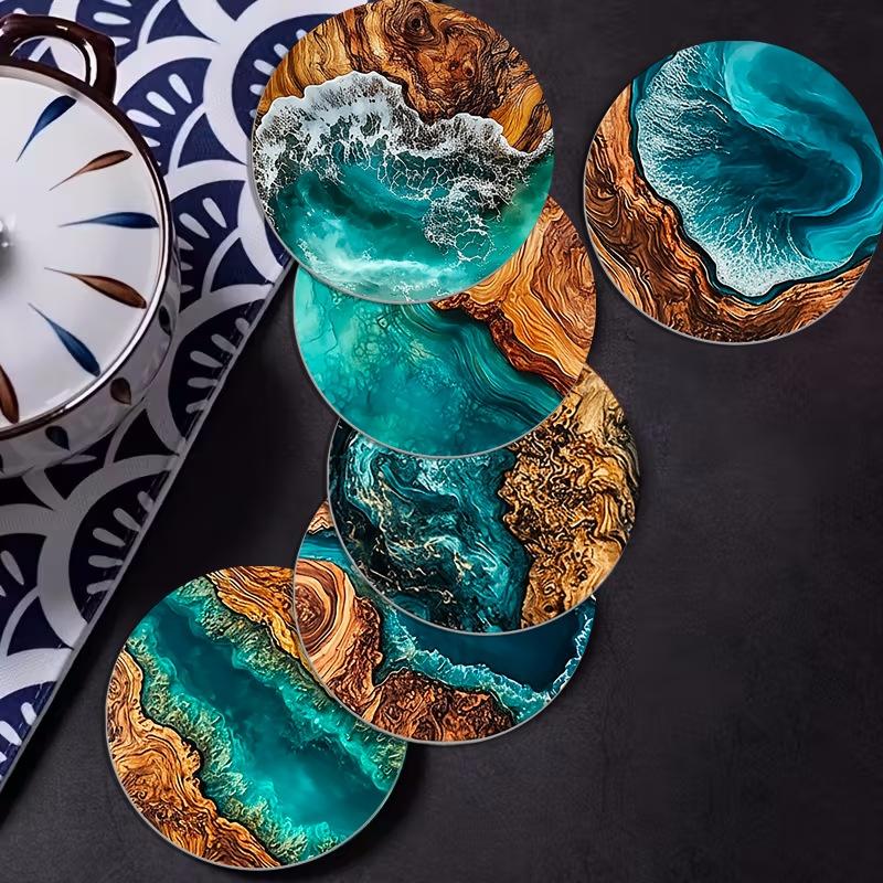 6Pcs Ocean Wave & Wood Grain Coasters Set Heat-Resistant Drink Coasters For Coffee/Tea Mugs, Beach Theme Home Decor