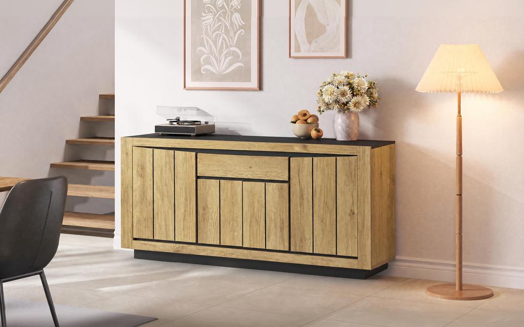 140*40*60cm Living Room Chest, Sideboard With 4 Doors, 1 Drawer, Dining Room Cabinet, Handleless Compartments, Sofa Side Cabinet, Wood Color + Black