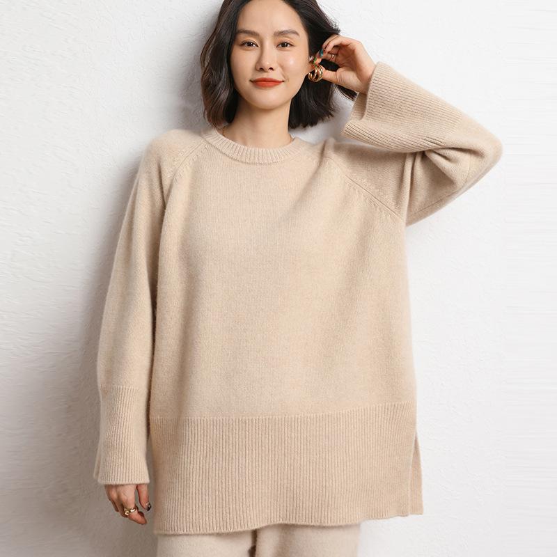 Lazy Wind Round Neck Loose Large Size Sweater Women's Autumn and Winter New Casual Hem Split Knitted Sweater Women