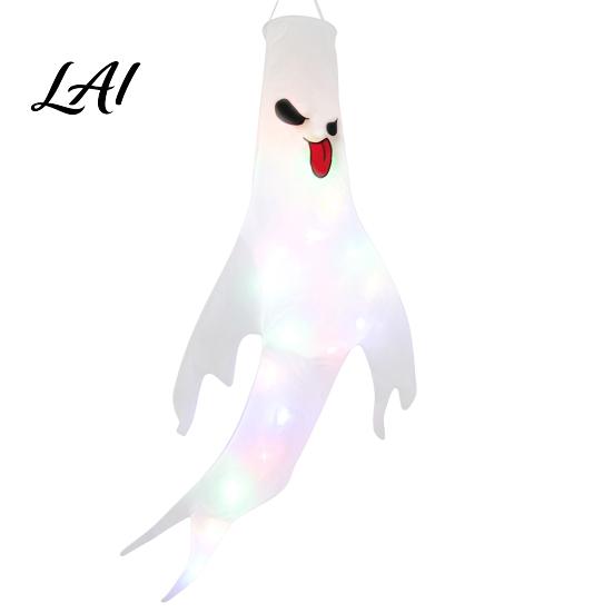 Halloween Garden Atmosphere Lights 47 Inch Hanging Ghost Windsock with LED Lights Luminous Flying Ghosts Front Door Decor Flag Wind Socks for