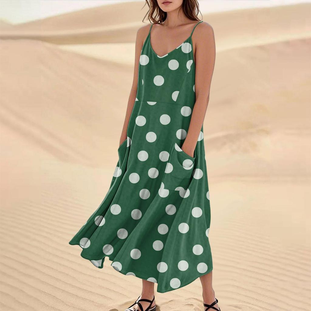 Women's Casual V Neck Dot Print Sleeveless Pocket Suspender Dress
