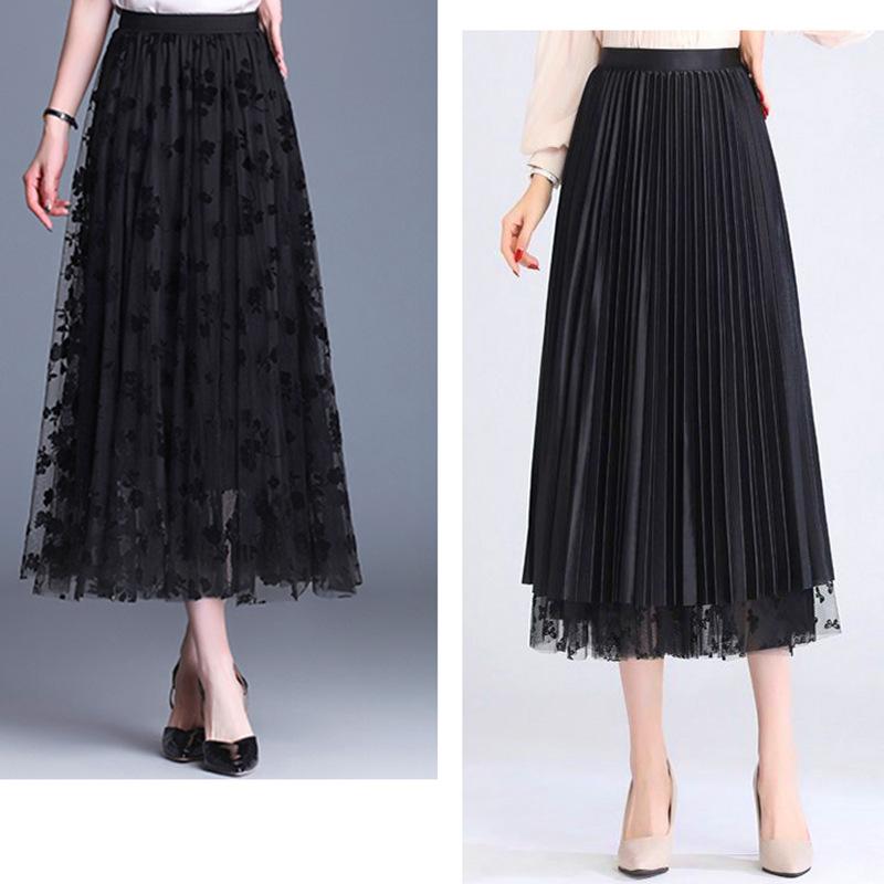 Сетчатая юбка с высокой талией, длинная фатиновая юбка, женская весна-лето, эластичная женская плиссированная юбка трапециевидной формы, женская юбка-миди