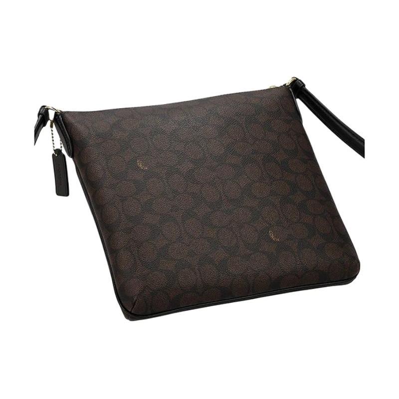 COACH 24 Classic Printed Pattern Zipper Closure PVC Crossbody Bag Medium Women's Dark Brown and Black