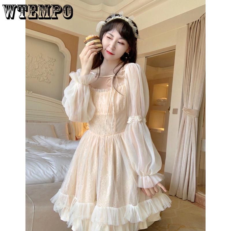 Женское платье в стиле ретро с квадратным вырезом на шнуровке, сказочные нишевые кружевные платья с длинными рукавами