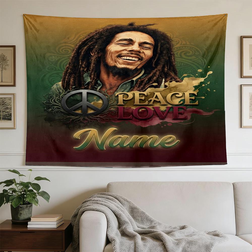 Bob Marley Peace Love Music Vibe Personalized Name Large Decorative Tapestry, Great Holiday Gifts, Photo Backdrop for Bedroom Dorm Parties