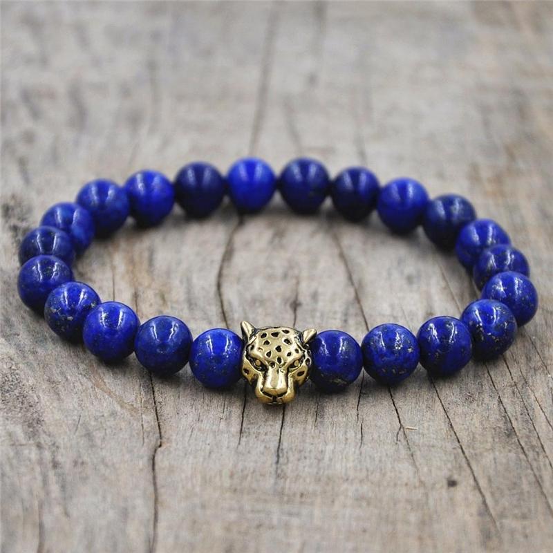 Men's Stone Bead Bracelet Leopard Pendant Design Fashionable Charm Natural Stone Bead Bracelet Gift