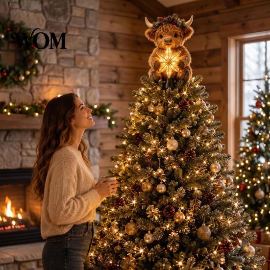 Rustic Farmhouse Holiday Decor Highland Cow Glowing Star Tree Topper, Lighted Christmas Decoration with Festive Indoor Decorations Warm LED,
