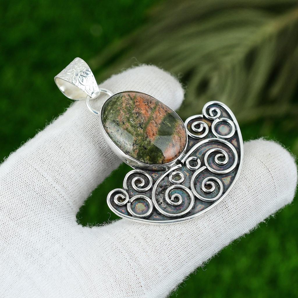 925 Silver Oval Unakite Gemstone Birthday Bezel Wedding Wife New Pendant Jewelry