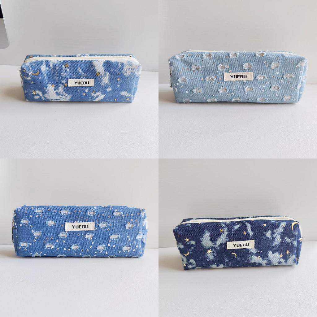 Water Washable Denim Sequin Pencil Pouch With Large Capacity For Students And Office Use