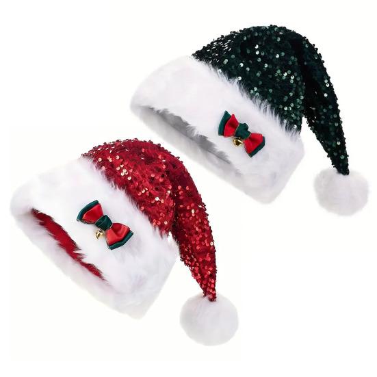Блестящая шапка Санты с пайетками, Рождественская шапка с бантом, Пушистый помпон, Унисекс, Пушистая рождественская шапка для Рождества, Нового года, праздничных вечеринок