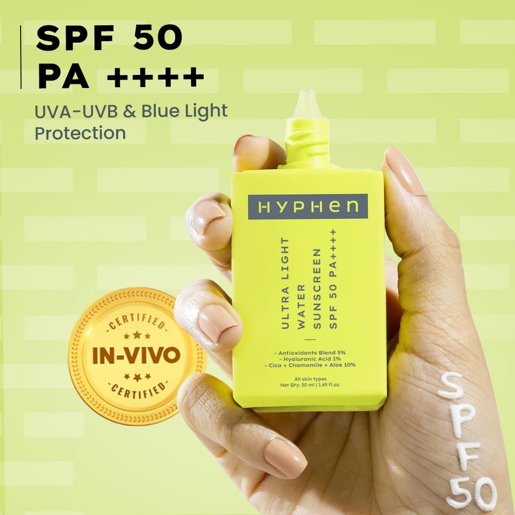 Hyphen 1% Гиалуроновый Ультралегкий Водный Солнцезащитный Крем SPF 50 PA ++++ | Сертифицирован In-Vivo | Широкий Спектр & Защита от Синего Света | Не Оставляет Белых Следов | Co