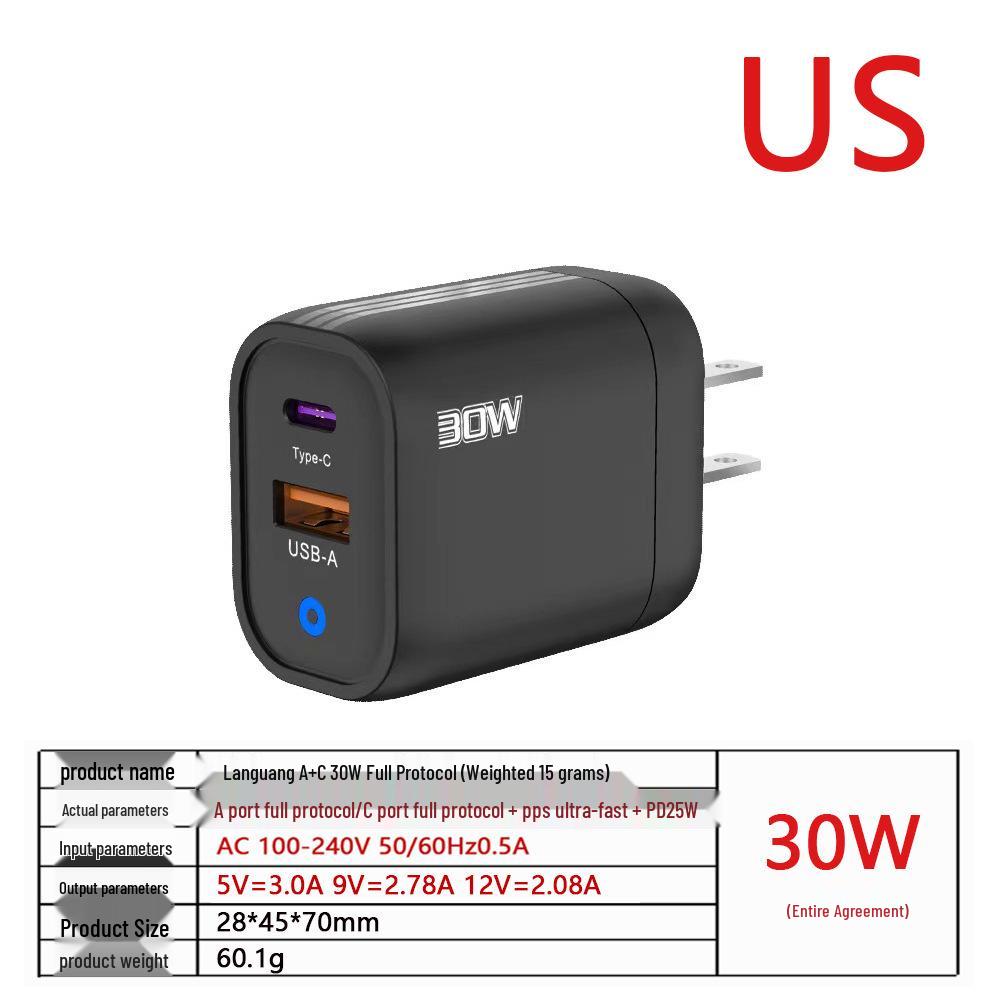 Сверхбыстрое зарядное устройство PD30W со светодиодной подсветкой - EU/US/UK Мобильное зарядное устройство для всех протоколов