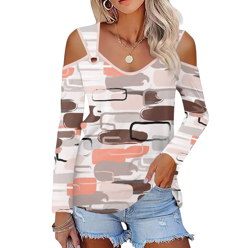 Women's Casual Shirt Blouse Print V-neck Sexy Cold Shoulder Long Sleeve Top