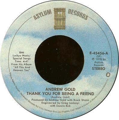 7-дюймовая пластинка ANDREW GOLD - Thank You For Being A Friend E45456 Asylum Records 1978 США Рок Б/У
