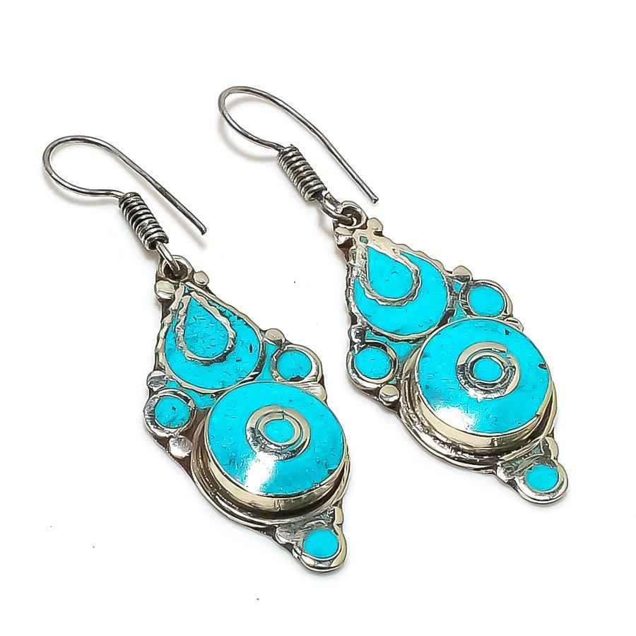 Natural Tibetan Turquoise Gemstone Handmade Jewelry Earring 2.25" NE-206
