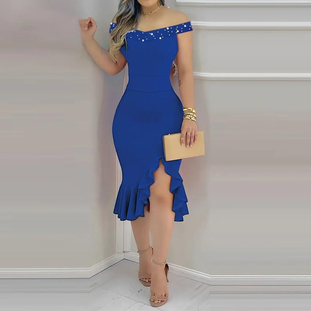Women's Fashion Tight Pack Hip One Shoulder Ruffle Solid Colour Dresses
