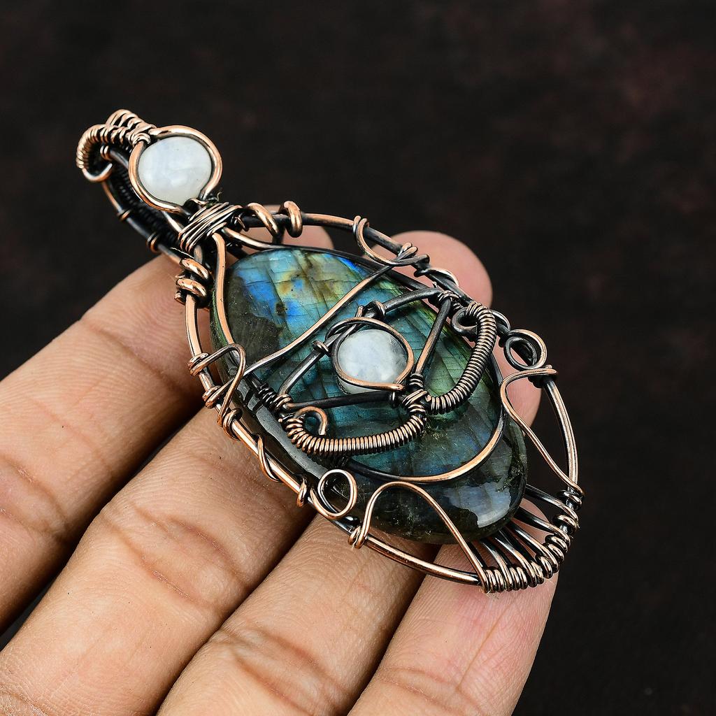 Подвеска из меди с лабрадоритом от сглаза, подвеска из медной проволоки, подвеска из драгоценного камня, дизайнерское ювелирное изделие из меди, подарок для нее, подвеска из лунного камня