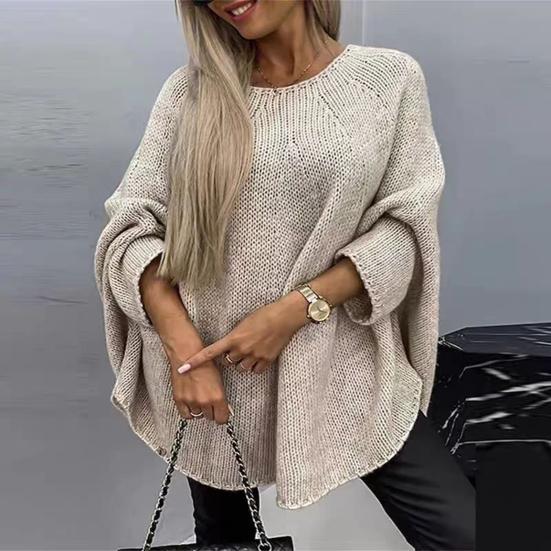 Women Sweater O-Neck 3/4 Sleeve Cloak Style Pullover Tops Solid Color Loose Fit Elastic Breathable Knitting Tops