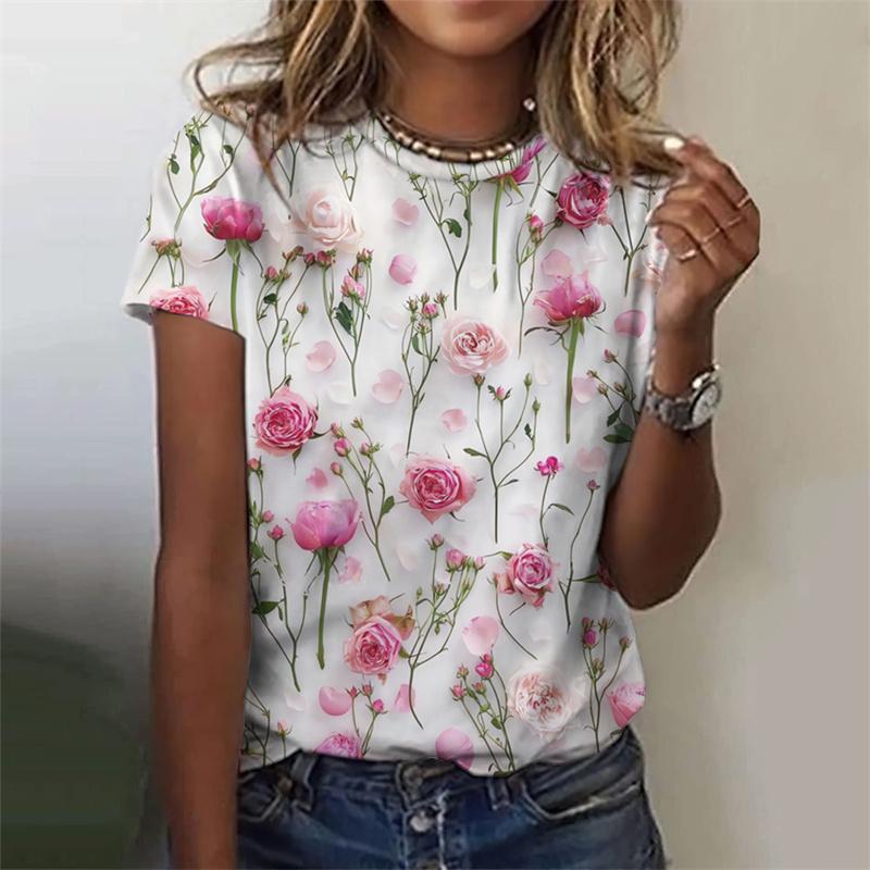 Flower Rose T Shirt For Women Funny Colorful 3D Printed Tees Summer Oversized Tops Short Sleeves Round Neck T-Shirts Streetwear