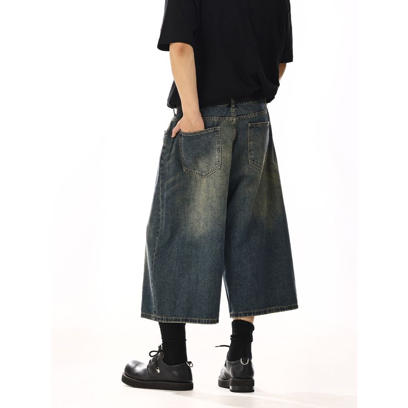 American Retro Denim Cropped Pants Male and Female Trendy Brand Washed Fancy Loose Easiest for Match Casual Wide-Leg Denim Shorts Denim Shorts
