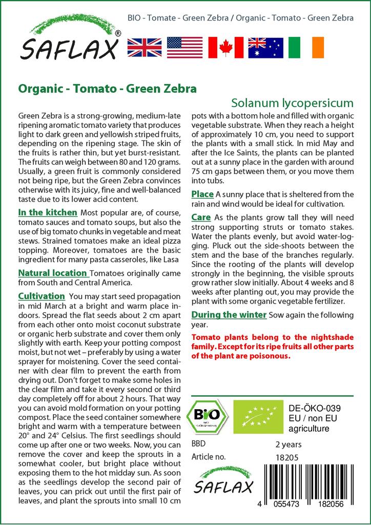 SAFLAX Garden in the Bag - Органический - Помидор - Зеленая зебра - 10 семян - С субстратом в подходящем пакете - Solanum lycopersicum