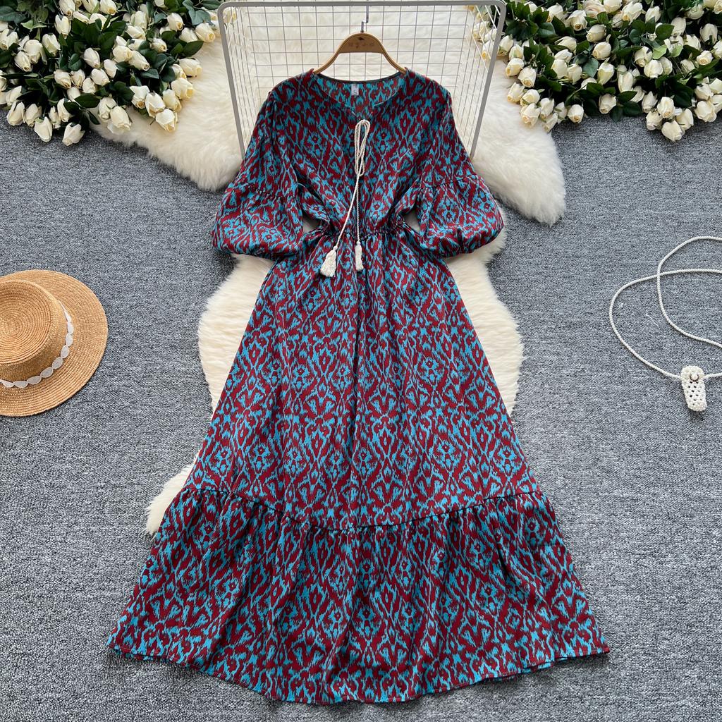 Elegant Vintage Floral Dress for Women Summer Lace Up Slim Waist Dresses Y2k Puff Sleeve Loose Dresses