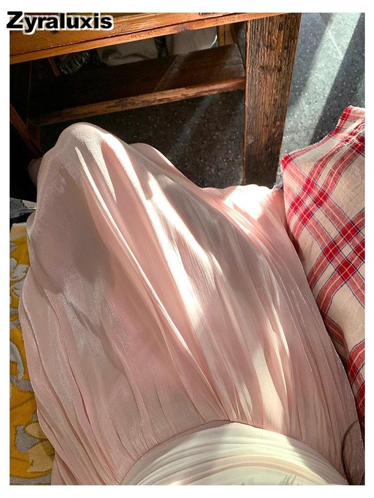 Розовая Юбка-Полуоблегающее Платье Женское Летнее Новое Переливающееся Шифоновое Драпированное Платье-Русалка Сатиновое Длинное Платье Фиолетовое Летнее Платье
