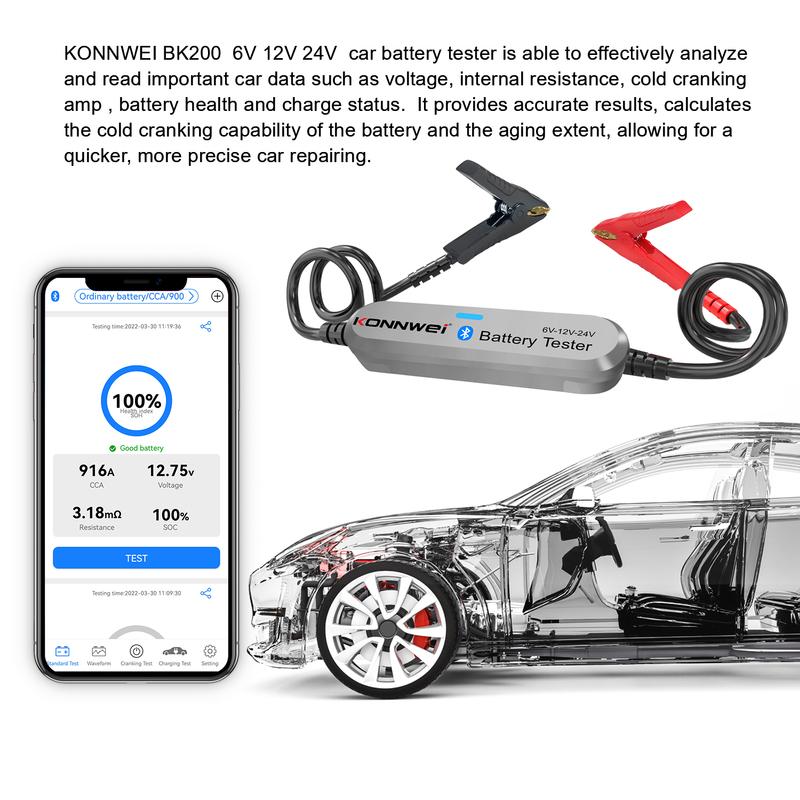 KONNWEI BK200 Truck Battery Tester Bluetooth 5.0 6V 12V 24V Car Motorcycle Battery Analyzer 2000 CCA Charging Cranking Test Tool