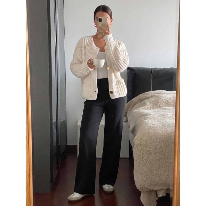 2026 Womens Knit Cardigan Metal Button Oversized Thick Crew Neck Sweater