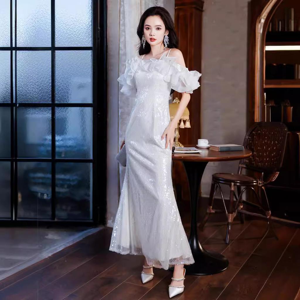 Вечернее платье с пайетками юбка на одно плечо сказочный высококлассный легкая роскошь нишевый ведущий банкетное платье для взрослой церемонии