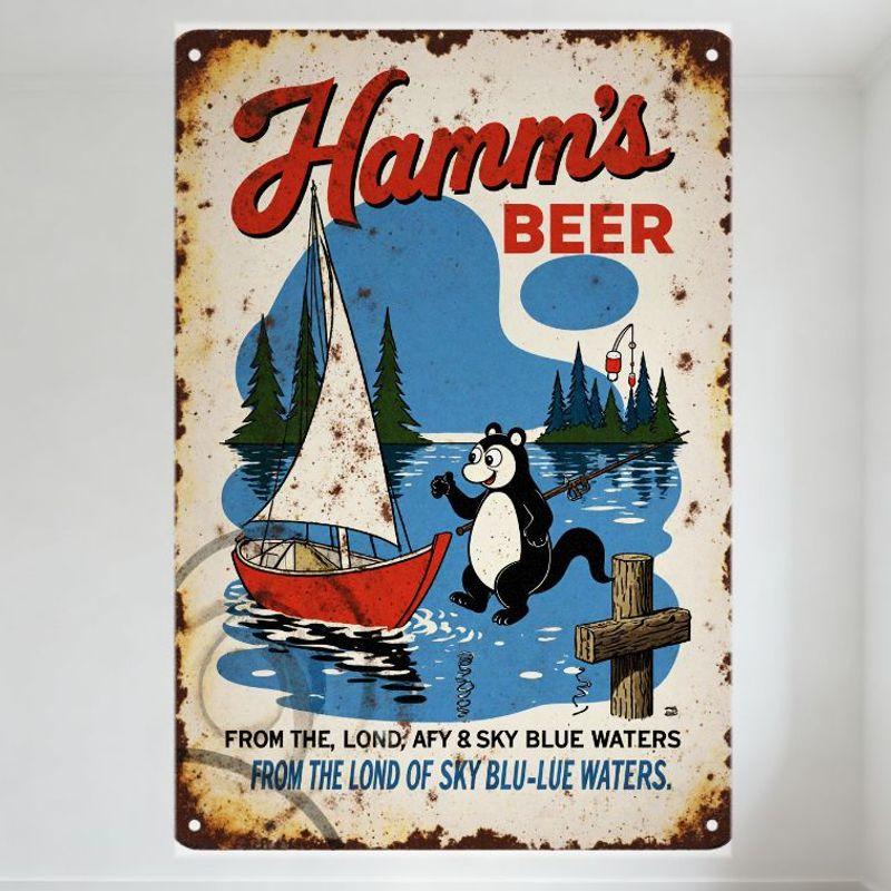 Винтажная металлическая жестяная вывеска пива Hamm's с парусником и медведем, выцветшая, состаренная, с потертыми ржавыми краями, декор для мужской комнаты, бара, паба, дома